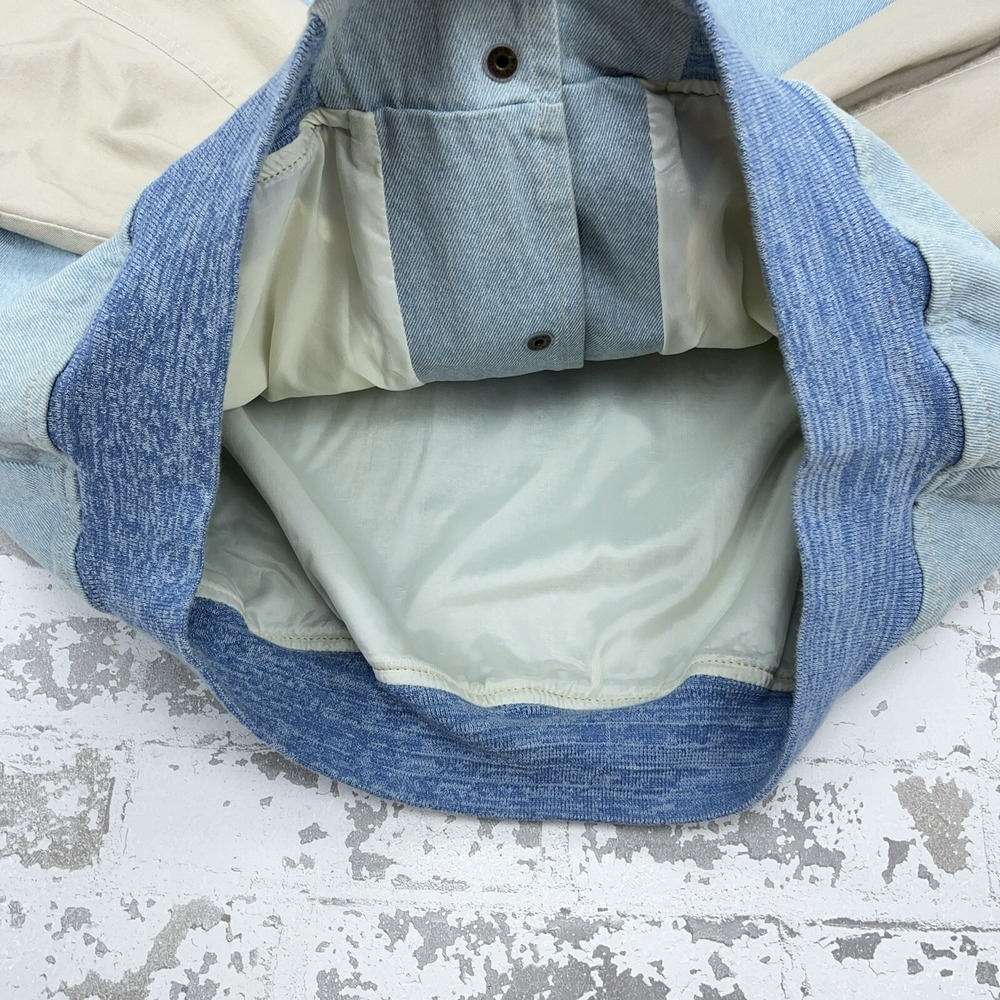 Vintage Denim Jacket Men Large Blue Tan Varsity Letterman Bomber 90s Y2K Work - Picture 9 of 14